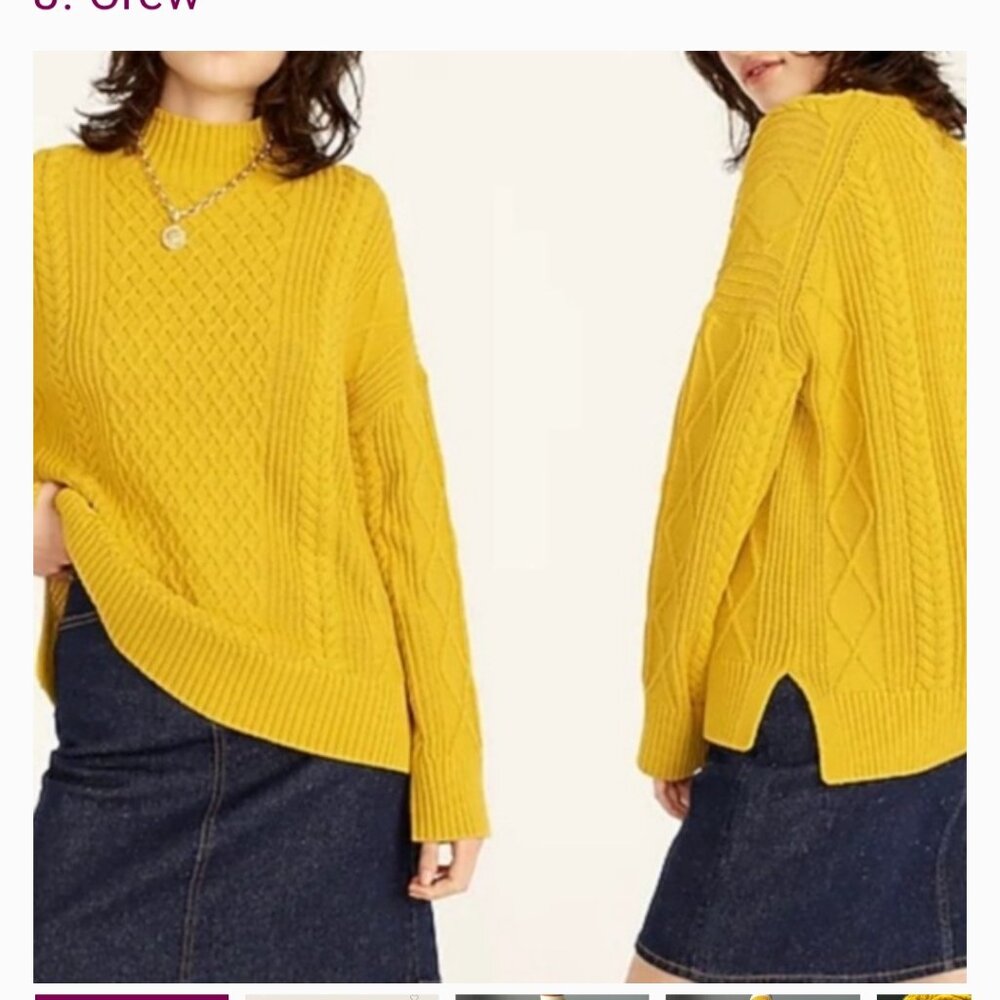 J CREW Long Cotton Cable-Knit Mockneck Sweater Women's SZ Large Mustard Autumn